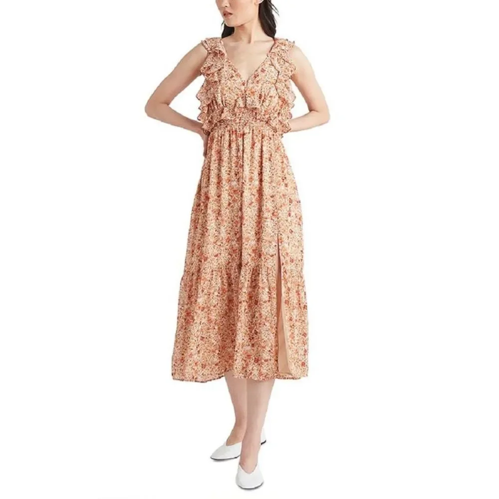 BLACK TAPE Dainty Floral V neck Sleeveless pink orange Fit and Flare midi dress - Picture 6 of 11